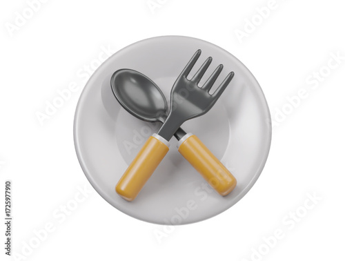 3d spoon , fork with  plate icon render illustration