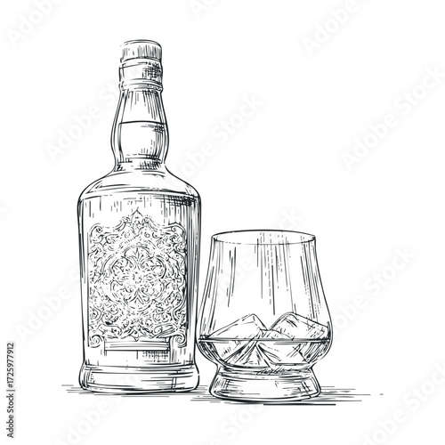 Whiskey bottle and glass with ice cubes for elegant drink enjoyment. Vector black icon