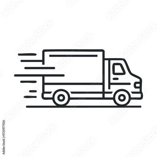 Fast delivery service truck in motion for logistics solutions. Vector black icon