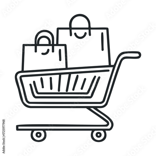 Shopping cart with bags for engaging retail experience. Vector black icon