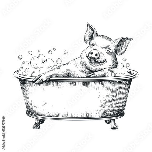 Happy pig enjoying a bubble bath in a vintage tub. Vector black icon