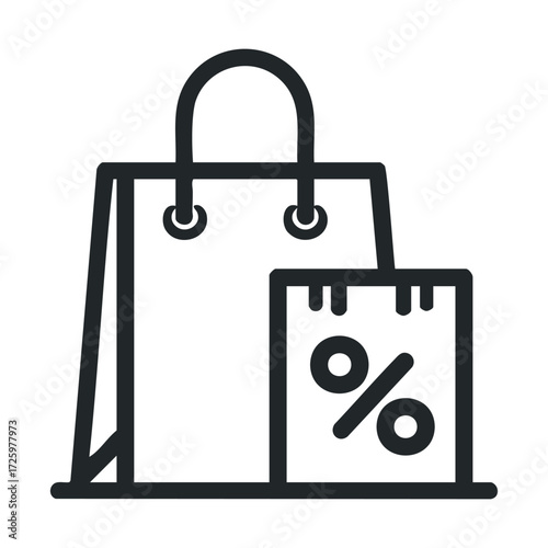 Promotional shopping bag with discount tag design for marketing. Vector black icon