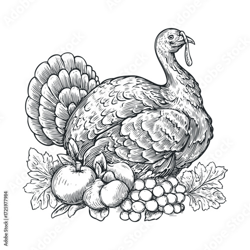 Thanksgiving turkey with fruits and vegetables for festive feast. Vector black icon