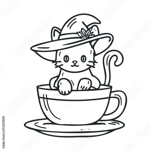 Cute cat in a teacup wearing a witch hat for Halloween celebration. Vector black icon