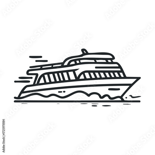 Elegant boat sailing on calm waters for leisure and travel. Vector black icon