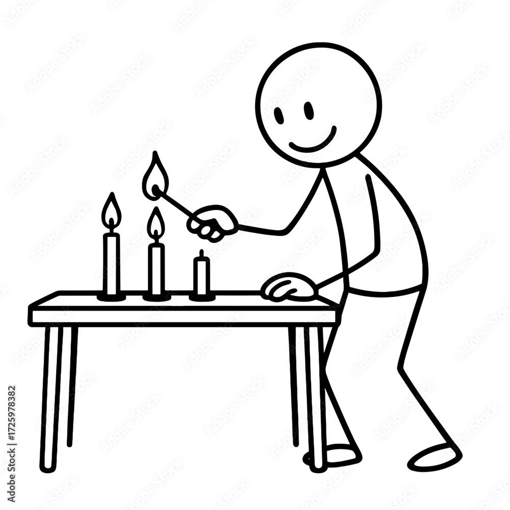 Fototapeta premium Stick figure lighting candles on a table with a match 