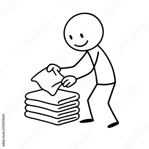 Stick figure folding laundry and stacking towels at home  