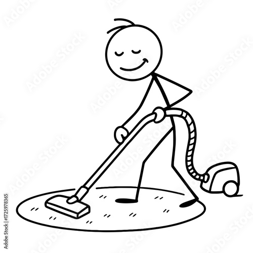 Stick figure happily vacuuming the floor in a minimalist style  
