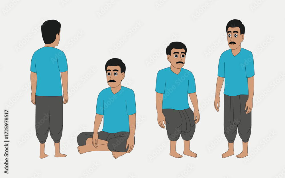 Fototapeta premium 2d Indian Man cartoon character ready for animation moral stories.