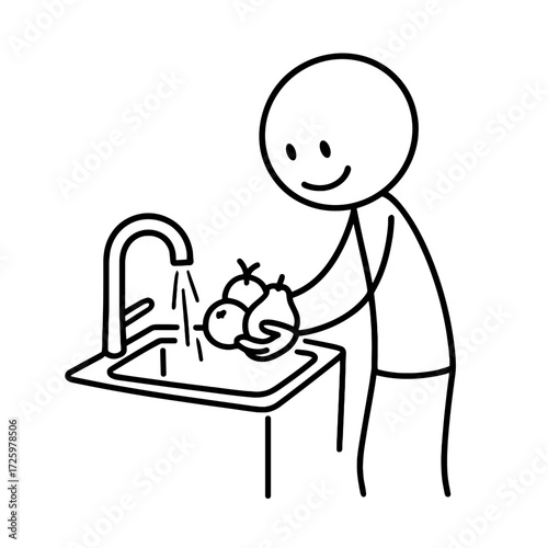 Stick figure washing fruits in kitchen sink with water flowing  