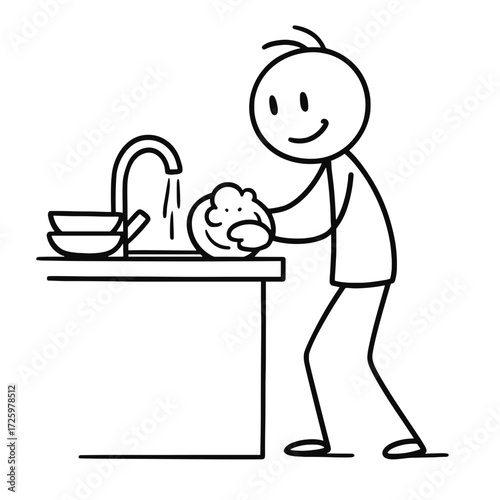 Stick figure washing dishes at kitchen sink with a smile  