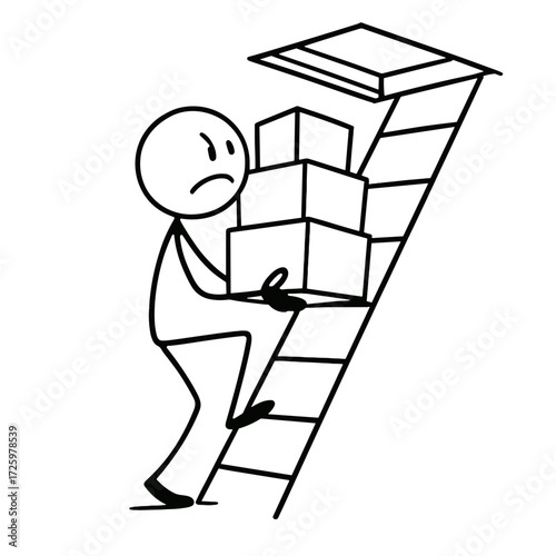 Stick figure carries boxes up the stairs  