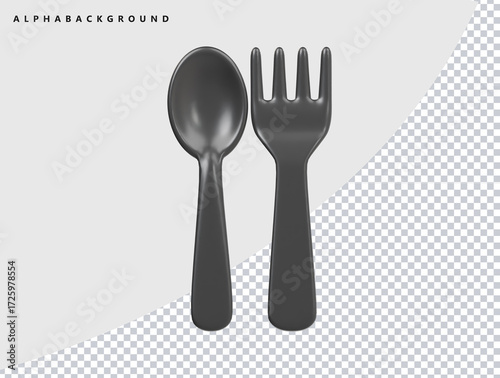 Black spoon and fork  icon render illustration