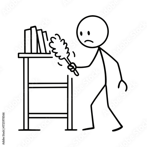 A stick figure wipes dust off books on a shelf.  