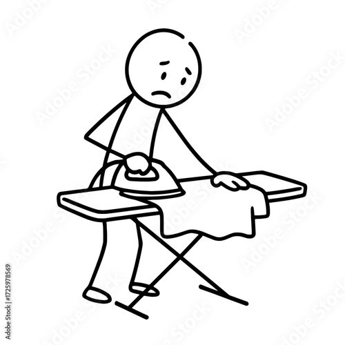 Stick figure ironing a shirt at home   