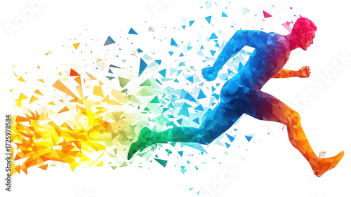 Abstract running man dissolving into colorful geometric shapes.