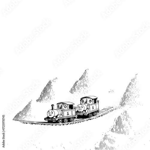 Two cartoon trains with smiling faces travel along a track in a mountainous landscape illustration style