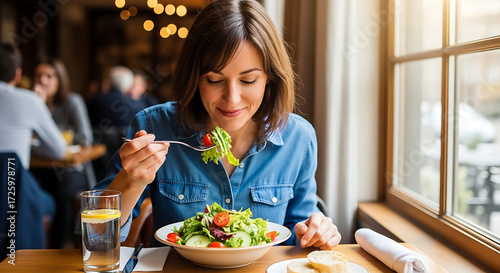 Woman enjoying a fresh salad lunch at a bright, sunlit restaurant with a window view