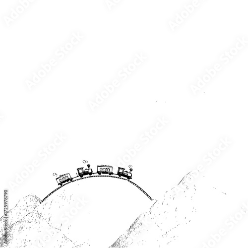 A whimsical train travels over a mountain pass on a curved track in a black and white illustration