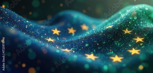 Abstract illustration of EU digital sovereignty, data security, governance. Wavy fabric texture in deep blue, green hues features golden stars, glittering digital particles. Technology,