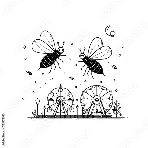 Two cartoon bees flying above two ferris wheels in a park with a moon in the upper right corner