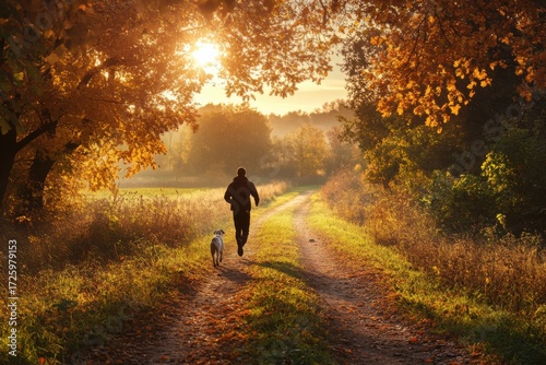 Man and dog running on autumn path at sunrise