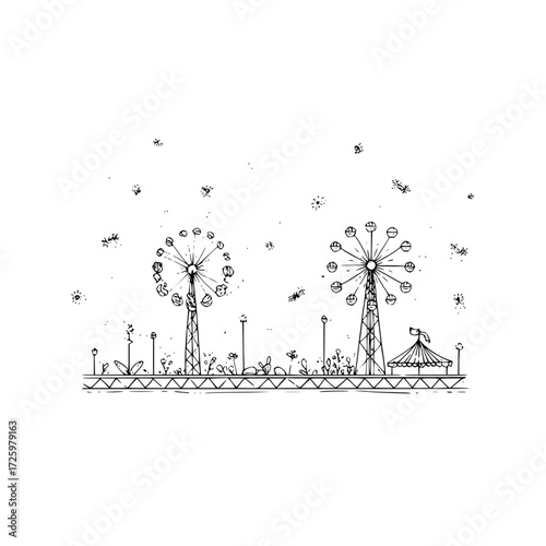 Illustration of a carnival scene with ferris wheels and a tent on a patterned ground with flowers