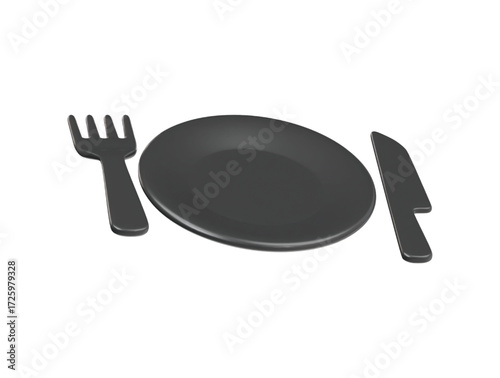 Black fork and knife with plate 3d cutlery set icon 