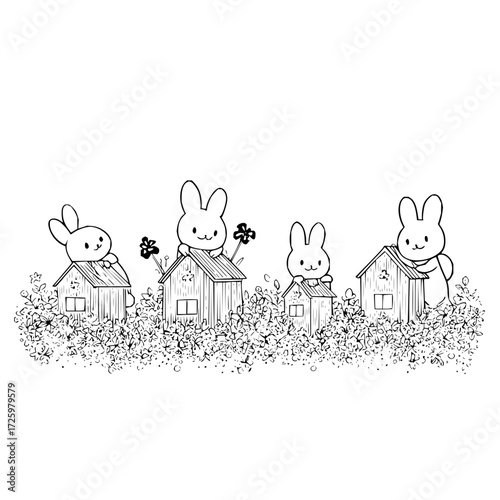Four cute bunnies peering from tiny houses amid a field of flowers in a black and white illustration
