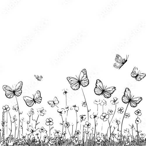 A monochrome depiction of butterflies fluttering above a field of wildflowers in a simple line drawing style