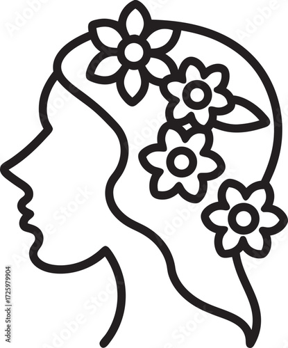 Elegant woman silhouette with flowers in her hair line art
