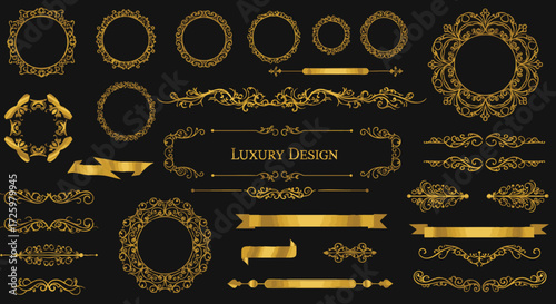 A collection of ornate gold decorative elements and borders on a black background, featuring intricate scrollwork and circular frames, suitable for luxury design.