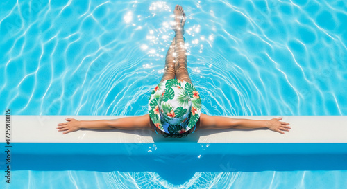 Tropical escape, woman relaxing by the pool with patterned sunhat, idyllic summer vacation vibes, sun-drenched holiday, enjoy the moment, refreshing swim