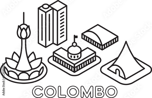 Colombo Sri Lanka city skyline isometric line art architecture famous building vector illustration