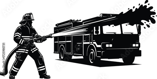 Firefighter silhouette spraying water, fire truck emergency response, firefighter holding hose, fire safety, rescue illustration, firefighting concept, vector