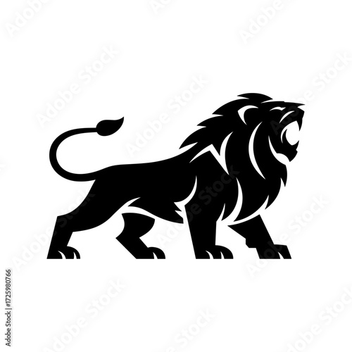 Roaring lion silhouette logo, powerful black lion mascot icon on white background, majestic wild cat profile for sports branding and corporate identity
