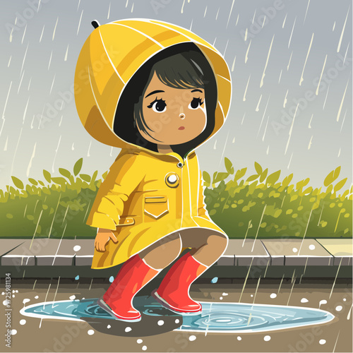 raincoat puddle spy—yellow raincoat kid crouching by a puddle with watercolor raindrops and charcoal curb