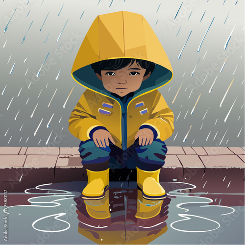  curious child in a yellow raincoat with tilted hood crouching beside a puddle; perfect for parenting blogs, seasonal social posts, children’s apparel promos, educational activity sheets