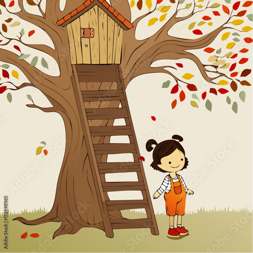 treehouse lookout—child leaning into treehouse rope ladder with watercolor leaf splatters and wooden plank texture