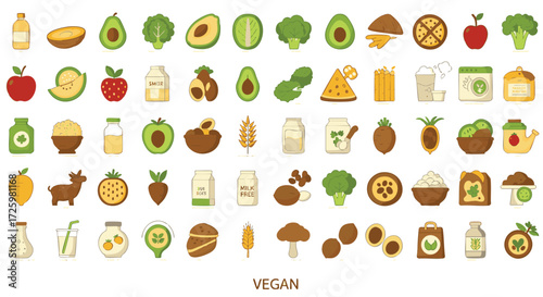 A diverse collection of colorful flat icons representing vegan food, products, and a plant-based lifestyle.