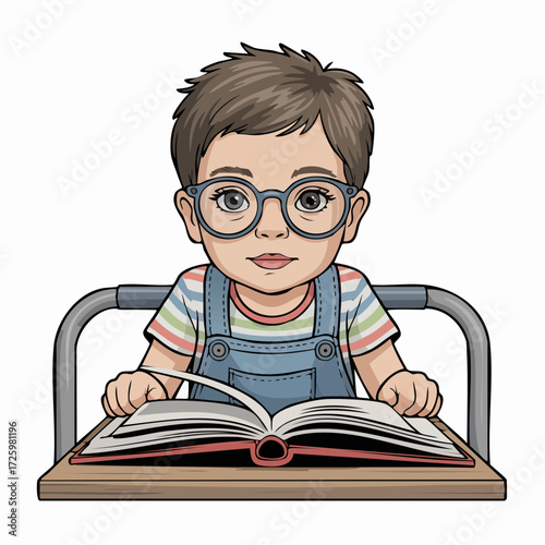 library corner peeker—child with askew glasses peeking behind library cart amid muted book-page washes;  perfect for library events, classroom materials, reading program graphics, bookshop promotional