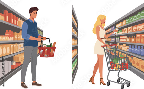 Grocery shopping, supermarket aisle, man with basket, woman with cart, food products, retail lifestyle, everyday activity, consumer behavior, urban market scene
