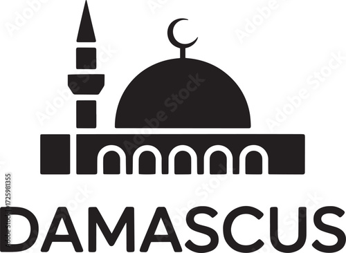 Damascus cityscape silhouette icon. Syrian capital historic architecture, mosque, minaret line art.