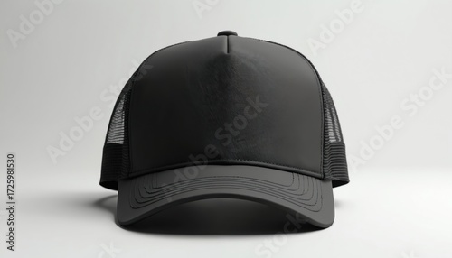 Blank black trucker hat ready for customization. Features classic mesh back for breathability, solid front panel perfect for printing logos designs. Versatile apparel accessory for advertising,