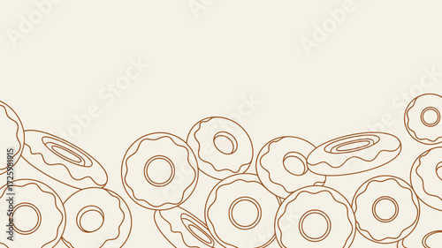 A seamless pattern of donuts with brown outlines arranged at the bottom of a beige background space