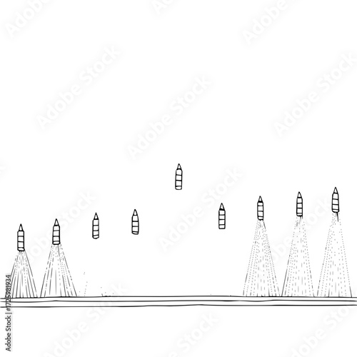 A sketch of several rocket ships with some launching and others floating above a horizon line drawing