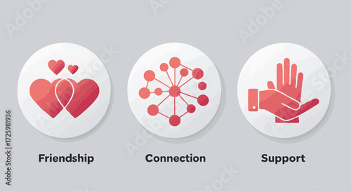 Friendship, connection, and support icons on a gray background.
