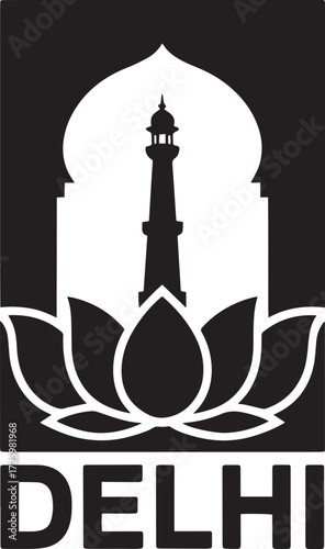 Delhi cityscape silhouette icon. Indian capital landmark architecture, Qutub Minar, Lotus Temple art.
