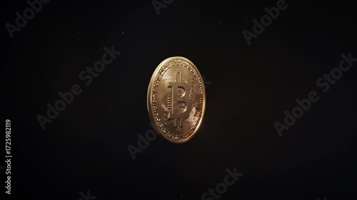 Gold Bitcoin spinning and shining with particles on a black background. 3D loop animation of BTC crypto token metal coin. Digital currency, blockchain finance money, decentralized wallet, hash mining.