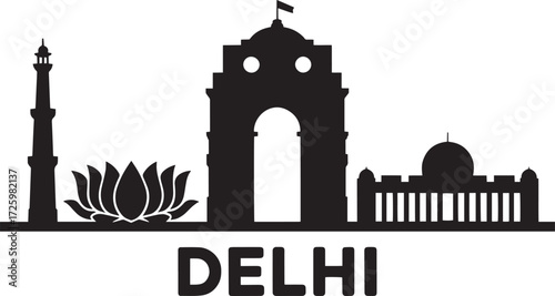 Delhi Skyline Silhouette Icon Set India Capital City Panorama Landmarks Illustration